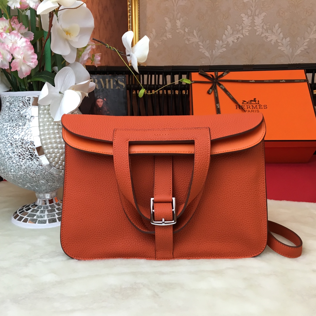 Hermes Halzan 31 Handbag Shoulder Bag In Feu Orange Clemence Leather